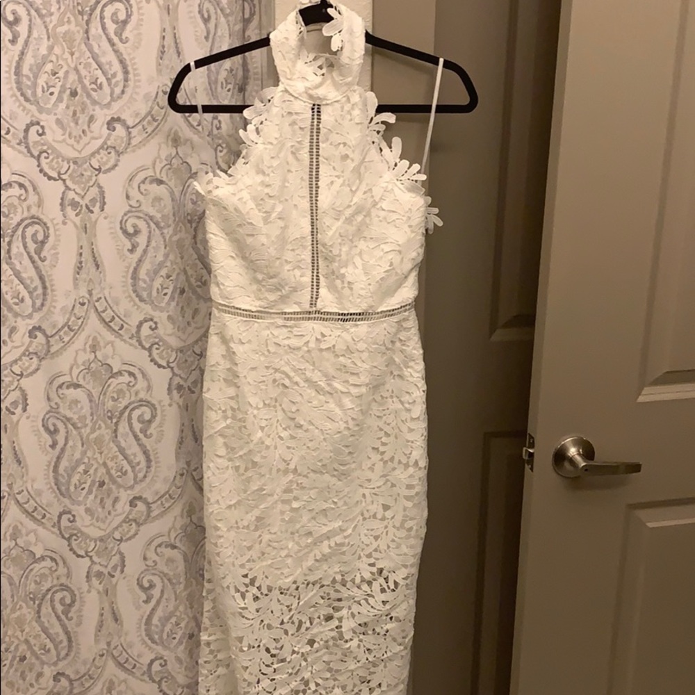 Halter open back white lace dress
